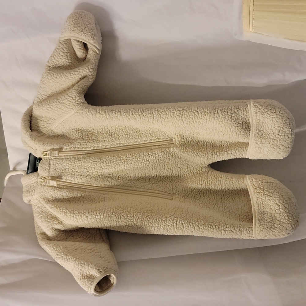 LL BEAN 0-3 Months Fleece Zip One Piece Winter Snow Suit Hooded Fold Hands Feet